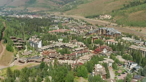 Part-1-of-2-flying-over-Vail-and-Vail-Village-in-the-Rocky-Mountains,-Colorado