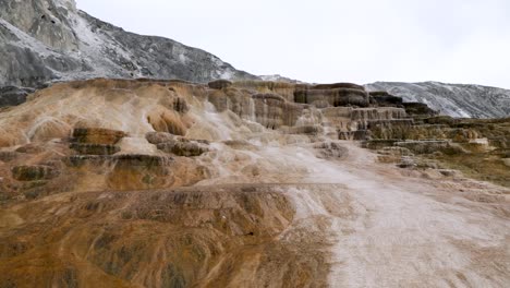 Travertine-Limestone-Terraces-At-Mammoth-Hot-Springs-With-Steam-Rising-In-Yellowstone-National-Park,-Wyoming,-USA
