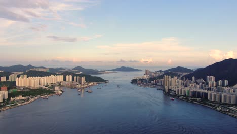 Hong-Kong-bay-and-Skyline-on-a-beautiful-day,-Aerial-view