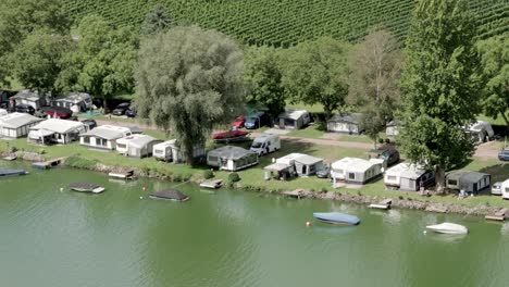 Scenic-campground-along-Mosel-River-bank,-winemaking-region