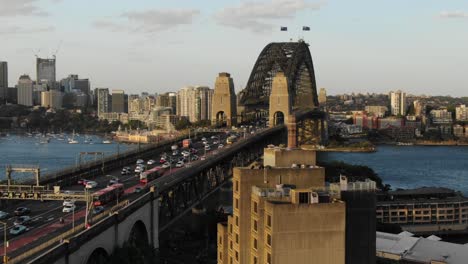 Aerial-shot-of-Harbor-bridge-Sydney-with-cityscape-in-background