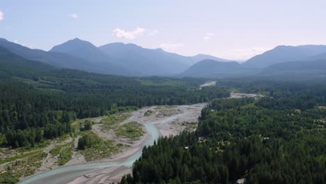 Scenic-View-Of-The-Famous-Cowlitz-River-And-Valley-In-Packwood,-Washington-At-Daytime---aerial-drone