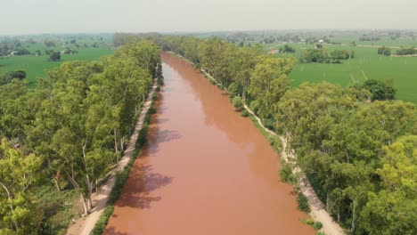 Eine-Luftaufnahme-Eines-Schlammigen-Flusses,-Der-Inmitten-Von-Bäumen-In-Der-Nähe-Eines-Landwirtschaftlichen-Gebiets-In-Der-Provinz-Punjab-Fließt