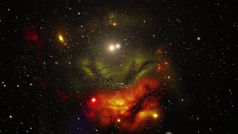 Nebulosas-Naranjas-Y-Verdes-Y-Estrellas-Moviéndose-A-Su-Alrededor,-El-Universo