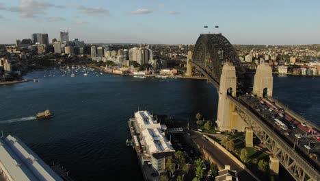 Sydney-bay-and-Harbor-bridge-seen-from-drone,-Australia