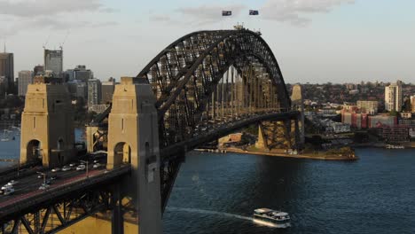 Aerial-shot-of-Sydney-Harbor-bridge-and-panoramic-view-over-bay