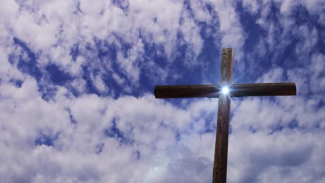 wooden-cross-pillar-with-timelapse-cloud-background-and-optical-flare-rays