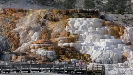 Natürliche-Travertin-Terrassen-An-Den-Mammoth-Hot-Springs-Mit-Touristen,-Die-Von-Der-Holzpromenade-Im-Yellowstone-Nationalpark,-Wyoming,-USA,-Zusehen