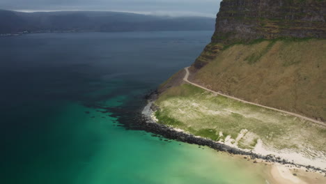 Blue-Icelandic-coastline-and-cliffs,-fly-over-drone-shot