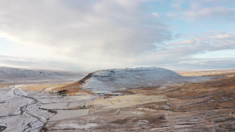 Aerial-View-of-Picturesque-Valley-and-Snowcapped-Volcanic-Hills-and-Sky,-Iceland-Panoramic-Drone-Shot-of-Scenic-Landscape