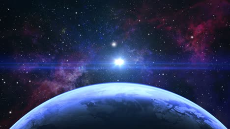 Planeta-Tierra-Con-Un-Fondo-De-Nebulosa-Y-Rayos-ópticos-De-Bengala