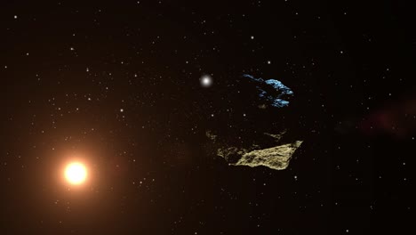 Asteroidenfelsen-Und-Orangefarbene-Sternstrahlen-Im-Dunklen-Universum