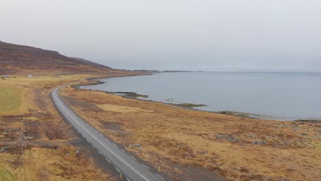 Lonely-road-through-the-brown-landscape-of-Iceland-by-the-lake--Aerial