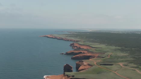 Stunning-Landscape-Of-Magdalen-Islands-With-Lush-Green-Fields-And-Forest-By-The-Gulf-Of-Saint-Lawrence-In-Northern-Quebec,-Canada
