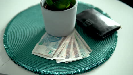 Polish-Banknotes-In-Various-Denominations-Under-A-Small-Plant-Pot-On-The-Table---tilt-up-shot