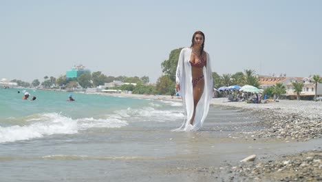 Stunning-Brunette-Woman-In-Cheetah-Print-Bikini-Walking-Towards-Camera-At-The-Beach-As-The-Waves-Crash