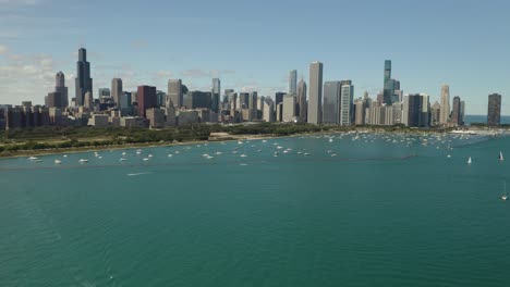 Chicago-Skyline-on-Summer-Day,-Aerial,-Iconic-Daytime-View