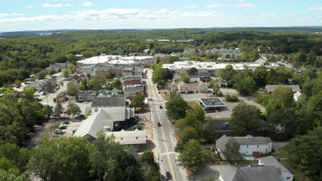 Aerial-Fly-Over-Drone-Footage,-Freeport-Downtown,-Maine,-USA