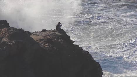Man-taking-photos-while-sitting-on-edge-of-a-mountain-side-rocky-cliff-with-large-Pacific-Ocean-waves-crashing-on-the-coast-as-a-bird-flies-by---San-Francisco,-California