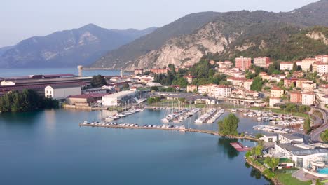 Awesome-aerial-view-of-the-Lovere-port,-Iseo-lake-panorama,Lombardy-italy