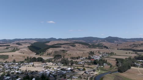 Small-Town-Riversdale-In-New-Zealand---Aerial-Drone-Pull-away-View
