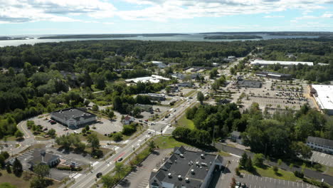 Fly-Over-Pan-Up-Aerial-Drone-Footage-at-Falmouth-Downtown,-Maine,-USA
