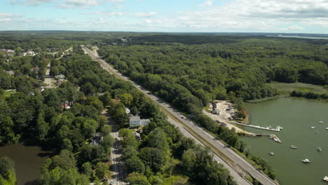 Aerial-Flyover-Drone-Footage-over-I295-Highway-at-Yarmouth,-Maine,-USA