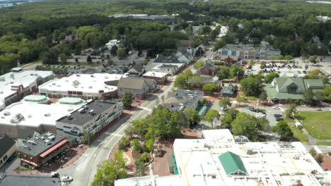 Aerial-Fly-Over-Drone-Footage,-Freeport-Downtown,-Maine,-USA