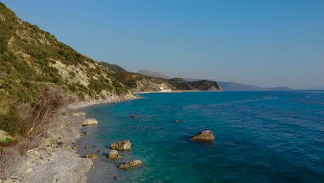 Fabelhafte-Seelandschaft-Mit-Bunter-Felsenküste,-Die-Von-Ruhigem-Blauem-Azurblauem-Meerwasser-In-Albanien-Umspült-Wird