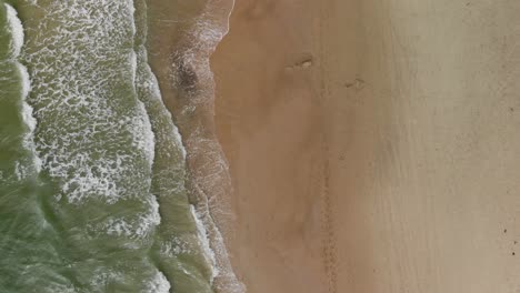 Aerial-top-down-view-of-calm-small-waves-crashing-against-the-white-undisturbed-and-isolated-sand-beach