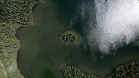 Dichte-Tannen-Auf-Einer-Kleinen-Insel,-Umgeben-Von-Wasser-Mit-Sonnenreflexion-Im-Verlorenen-See,-Gaspesie-nationalpark,-Quebec,-Kanada---Luftdrohne,-Top-down-aufnahme