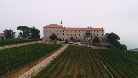 Scenic-Lebanese-vineyard-hill-by-Batroun-monastery,-misty-day,-aerial-drone-view,-pan-right