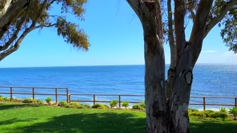 Beautiful-holiday-destination-blue-sky-and-sea-view-with-green-grass-and-trees-in-Marbella-Estepona,-Spain,-4K-panning-right
