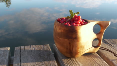 Lingonberries-in-wooden-cup-next-to-lake,-close-up-shot