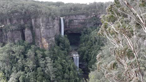 Fitzroy-Falls-gorge-view-with-the-lower-drop-in-the-Kangaroo-Valley-National-Park-Australia,-Locked-shot