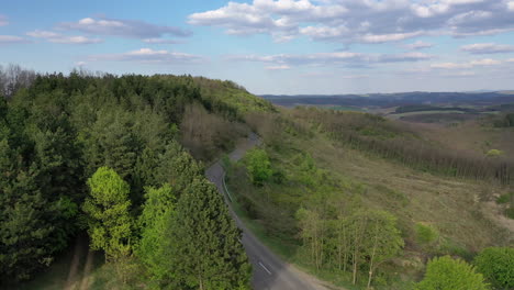 Flying-over-a-winding-road-in-the-forest-with-trees-on-both-sides-in-hungary-spring