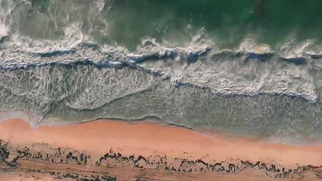 Tropical-turquoise-sea-waves-crashing-on-the-golden-beach-sand-with-seaweed-during-sunrise---HD-Drone-aerial-top-down-view-in-120FPS-slow-motion