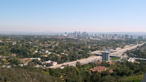 Pan-Of-The-405-Interstate-And-Los-Angeles-Skyline