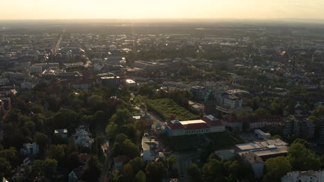 low-light-angle-traveling-shot-of-Darmstadt-on-a-sunny-summer-day-with-the-Mathildenhoehe-and-the-city-in-the-Background