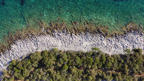 Boden-Des-Meeres-Durch-Das-Kristallklare-Blaue-Wasser-Mit-Sanften-Wellen,-Die-An-Der-Felsigen-Küste-Der-Insel-Losinj-Mit-Grünen-Bäumen-In-Kroatien-Plätschern