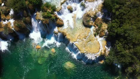Stunning-birds-eye-view-flying-downwards-at-Krka-National-Park-lakes-and-waterfalls-in-Dalmatia,-Croatia-filmed-in-4k