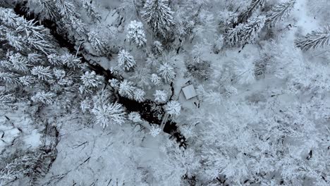 Aerial-view-above-a-small-cabin,-river-and-a-bridge,-in-middle-of-snow-covered-forest,-on-a-dark,-gloomy,-winter-day---Screwdriver,-drone-shot
