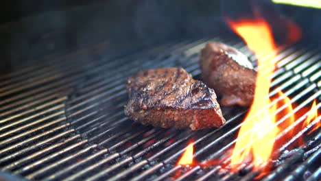 Steaks-Grillen-über-Der-Offenen-Flamme-Eines-Gartengrills-In-Zeitlupe