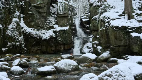Man-jumping-in-a-icy-river,-at-a-waterfall,-in-middle-of-snow-covered-forest,-on-a-dark,-overcast,-winter-day---static-shot