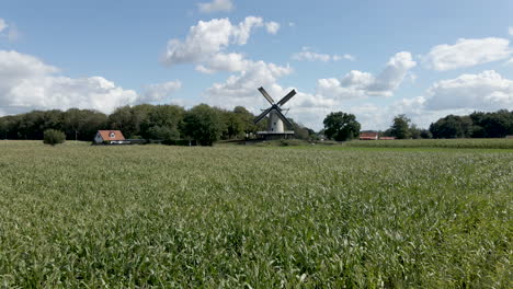 Ausleger-Der-Traditionellen-Windmühle-Hinter-Grünen-Weizenfeldern