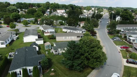 Aerial-of-single-story-trailer-home-mobile-park-homes-in-United-States,-village-community-neighborhood-on-quiet-summer-afternoon-day