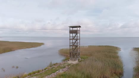 Malerische-Luftaufnahme-Des-Estnischen-Sees-Vortsjarv-Mit-Wachturm,-Nordeuropäische-Landschaft,-Kreisschwenk,-Tag