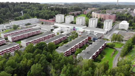 Drone-flying-over-apartment-buildings-of-Bergsjon,-Gothenburg,-Sweden