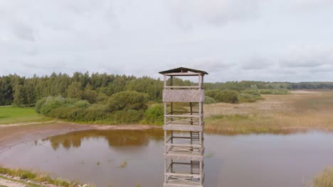 Aerial-landscape-view-of-Vortsjarv-lake-in-Estonia,-drone-circling-observational-tower,-day