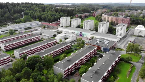 Drone-view-over-1960s-apartment-buildings-of-Bergsjon,-Gothenburg